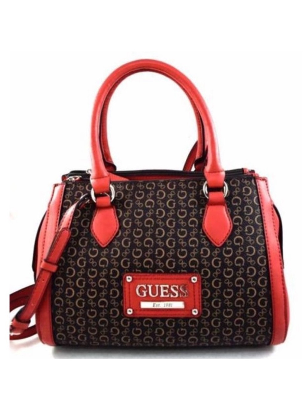 GUESS Brown Monogram Satchel with Red Trim & Leopard Print